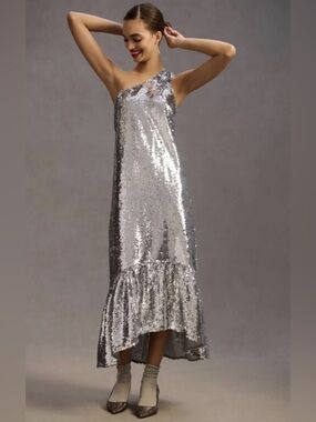 Maeve by Anthropologie One-Shoulder Sequin Midi Dress – Silver (Size M Petite)